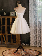 A-Line Beige Tulle Short Evening Prom Dress, Beige Cute Homecoming Dress