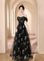A-Line Black Floral Tulle Floor Length Classy Prom Dress, Off The Shoulder Classy Evening Party Dress