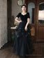 A-line Black Layers Short Sleeves Prom Dress, Black Velvet and Tulle Party Dress