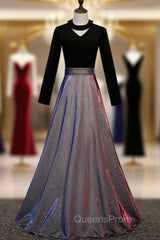 A-Line Black Long Sleeve Velvet Evening Prom Dress