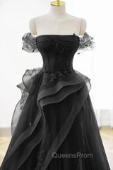 A-Line Black Off Shoulder Tulle With Lace Party Dress, Black Tulle Evening Prom Dress