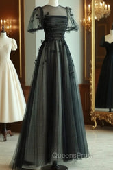 A-Line Black Puff Sleeves Tulle Long Evening Prom Dress, Black Evening Dress