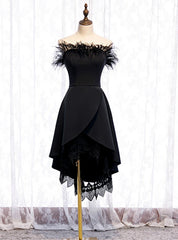 A-Line Black Satin Lace Of the Shoulder Prom Dress