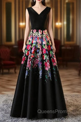 A-line Black Satin Print Evening Prom Dress