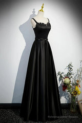 A-line Black Satin Straps Long Formal Dress, Black Simple Prom Dress