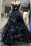A-line Black Sweetheart Tulle Layers Long Party Dress, Black Tulle Evening Prom Dress