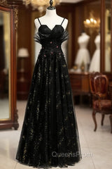 A-Line Black Tulle Sequins Spaghetti Straps Evening Prom Dress