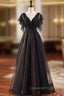 A-Line Black Tulle Sequins V-neck Beading Evening Prom Dress