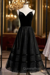 A-Line Black Tulle Spagehtti Straps Tulle Tea Length Evening Prom Dress