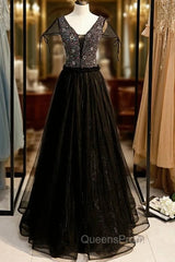 A-Line Black Tulle V-neck Cap Sleeve Beading Evening Prom Dress