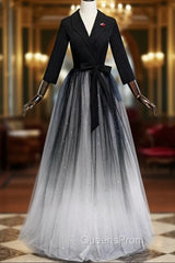 A-Line Black Tulle V-neck Long Sleeve Evening Prom Dress