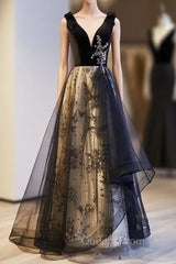 A-Line Black Tulle Velvet Sequins Evening Prom Dress