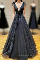 A Line Black V Neck Tulle Long Evening Prom Dress