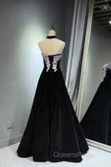 A-Line Black Velvet Long Party Dress With Lace Applique, Black Velvet Evening Prom Dress