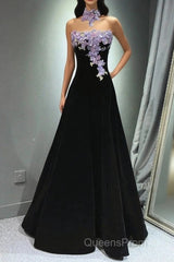 A-Line Black Velvet Long Party Dress With Lace Applique, Black Velvet Evening Prom Dress