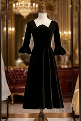 A-Line Black Velvet Square Short Litter Evening Prom Dress