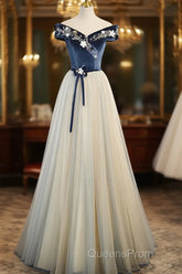A-Line Blue-Grey Off Shoulder Long Party Dress, Tulle And Velevet Long Evening Prom Dress