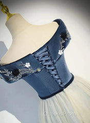 A-Line Blue-Grey Sequins Off Shoulder Long Party Dress Velevet Long Evening Prom Dress