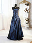 A-Line Blue Satin Beaded Floor Length Classy Prom Dress, Blue Satin Scoop Long Party Dress