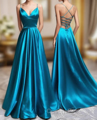 A-Line Blue Satin Long Evening Prom Dress, Blue Formal Evening Dress