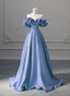 A-line Blue Satin Off Shoulder Long Evening Dress, Long Evening Dress Party Dress