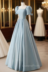 A-Line Blue Satin Puffy Sleeve Long Evening Prom Dress, Blue Evening Dress