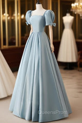 A-Line Blue Satin Puffy Sleeve Long Evening Prom Dress, Blue Evening Dress