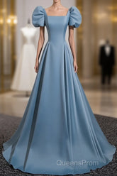 A-Line Blue Satin Short Sleeves Long Party Dress, Blue Short Sleeves Evening Prom Dress