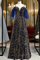 A-Line Blue Sequins Spaghetti Straps V-neck Evening Prom Dress