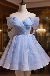 A-Line Blue Short Off Shoulder Knee Length Homecoming Dress, Blue Short Evening Prom Dress