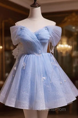 A-Line Blue Short Off Shoulder Knee Length Homecoming Dress, Blue Short Evening Prom Dress