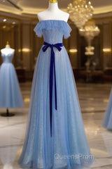 A-Line Blue Simple Off Shoulder Floor Length Evening Prom Dress, Blue Long Party Dress