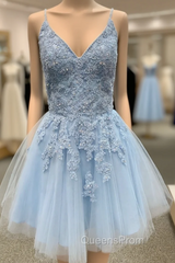 A-Line Blue Tulle Appliuqes Spaghetti Straps Beading Homecoming Dress