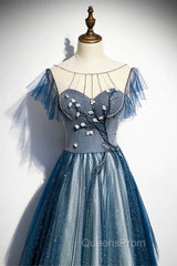 A-line Blue Tulle Long Beaded Evening Prom Dress, A-Line Evening Dress