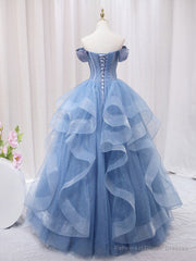 A-Line Blue Tulle Long Prom Dress, Blue Sweet 16 Dress