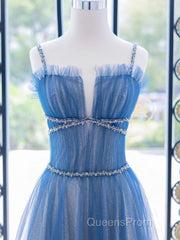 A-Line Blue Tulle Long Evening Prom Dress, Blue Tulle Formal Dress