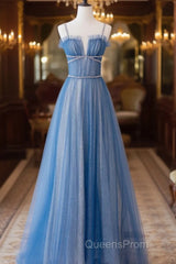 A-Line Blue Tulle Long Evening Prom Dress, Blue Tulle Formal Dress