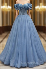 A-line Blue Tulle Off the Shoulder Beading Pleats Evening Prom Dress