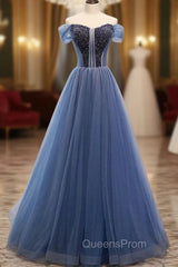 A-Line Blue Tulle Off the Shoulder Beading Evening Prom Dress