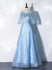 A-Line Blue Tulle Sequins Bat Sleeve Prom Dress