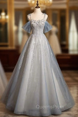 A-line Blue Tulle Sequins Spaghetti Straps Evening Prom Dress