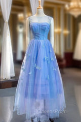 A-Line Blue Tulle Sleeveless Butterfly Backless Beading Evening Prom Dress