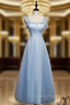 A-Line Blue Tulle Straps Ankle Length Evening Prom Dress