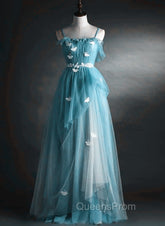 A-line Blue Tulle Straps Long Evening Dress, Blue Long Evening Dress Evening Prom Dress