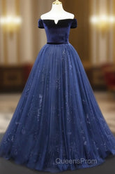 A-Line Blue Tulle Velvet Long Evening Prom Dress, Blue Formal Evening Dress