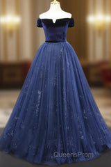 A-Line Blue Tulle Velvet Long Evening Prom Dress, Blue Formal Evening Dress