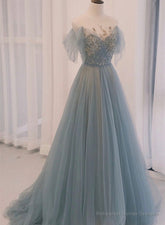 A-line Blue with Lace Applique Party Dress, Long Blue Formal Dress Prom Dress