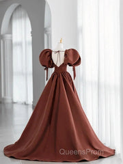 A-Line Brown Satin Ball Gown Short Sleeves Long Party Dress V-Neckline Evening Prom Dress