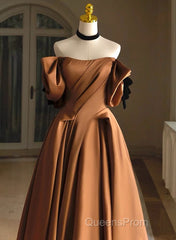 A-Line Brown Satin Off Shoulder Scoop Long Evening Prom Dress, Satin Evening Dress