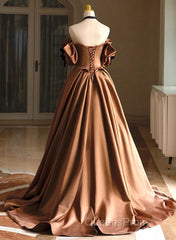 A-Line Brown Satin Off Shoulder Scoop Long Evening Prom Dress, Satin Evening Dress